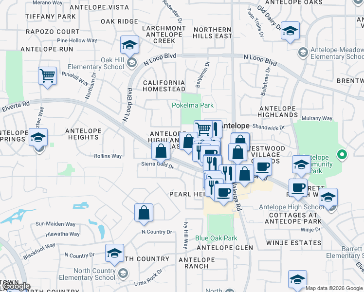 map of restaurants, bars, coffee shops, grocery stores, and more near 4049 Timpani Court in Antelope