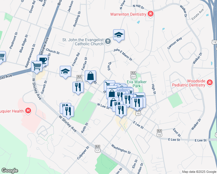 map of restaurants, bars, coffee shops, grocery stores, and more near 28 Smith Street in Warrenton