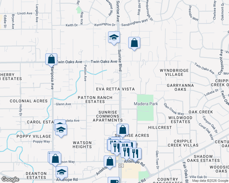 map of restaurants, bars, coffee shops, grocery stores, and more near 8217 Eva Retta Court in Citrus Heights
