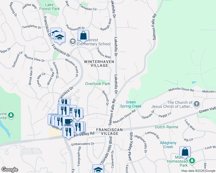 map of restaurants, bars, coffee shops, grocery stores, and more near 4554 Beechwood Drive in El Dorado Hills