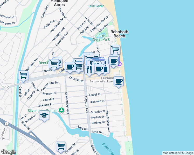 map of restaurants, bars, coffee shops, grocery stores, and more near 33 Wilmington Avenue in Rehoboth Beach