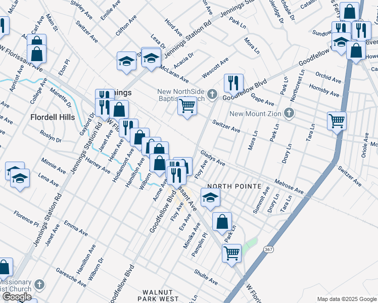 map of restaurants, bars, coffee shops, grocery stores, and more near 5960 Goodfellow Boulevard in St. Louis