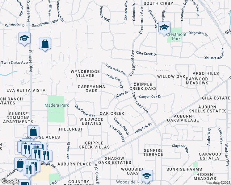map of restaurants, bars, coffee shops, grocery stores, and more near 8129 Garryanna Drive in Citrus Heights
