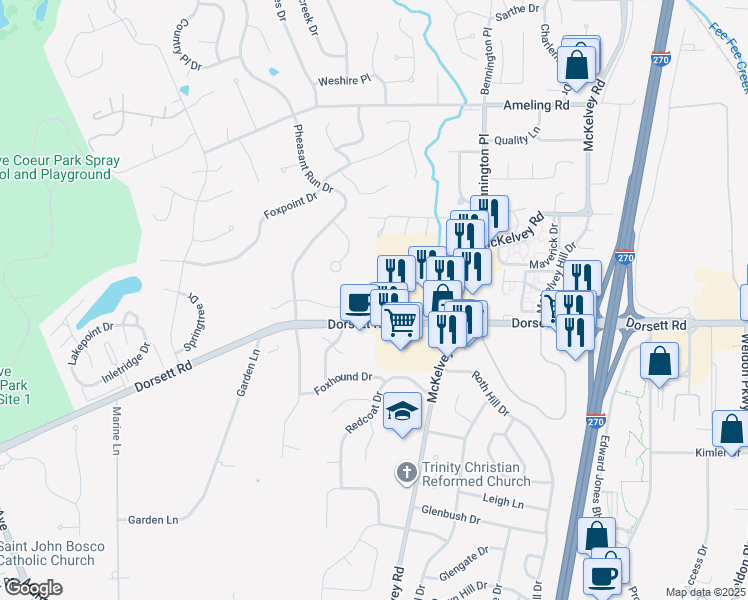 map of restaurants, bars, coffee shops, grocery stores, and more near 12703 Dorsett Road in Maryland Heights