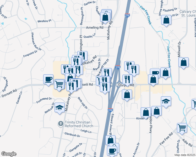 map of restaurants, bars, coffee shops, grocery stores, and more near 1872 McKelvey Hill Drive in Maryland Heights