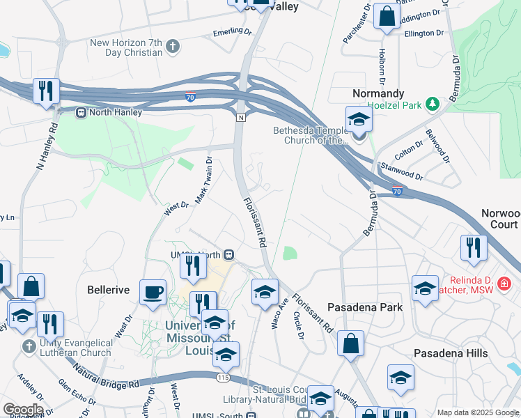 map of restaurants, bars, coffee shops, grocery stores, and more near 8115 Florissant Road in St. Louis