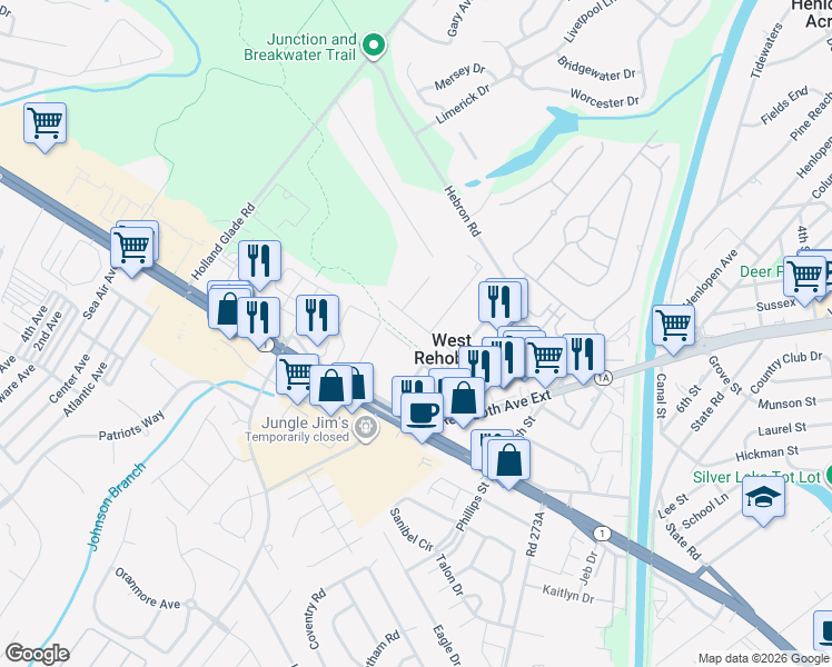 map of restaurants, bars, coffee shops, grocery stores, and more near 37184 Burton Avenue in Rehoboth Beach