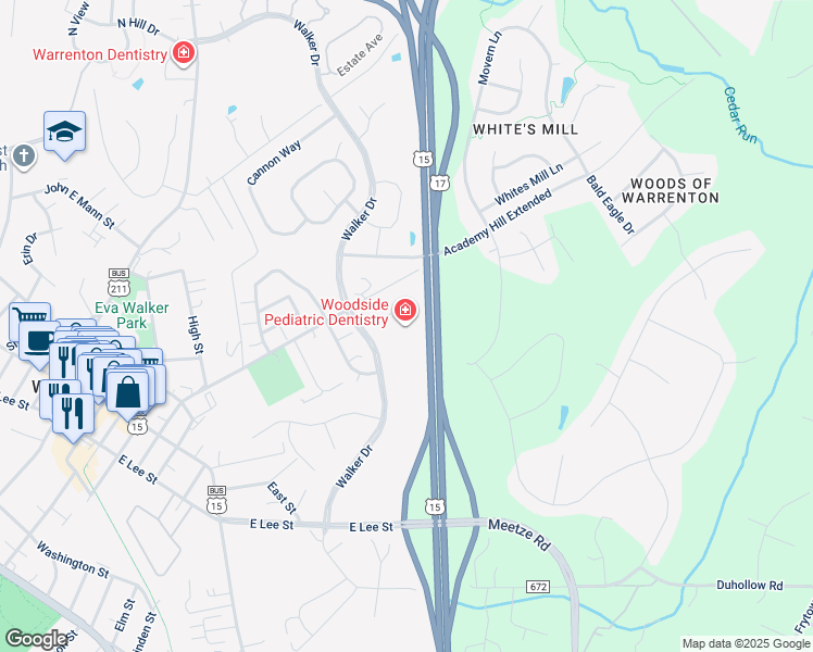 map of restaurants, bars, coffee shops, grocery stores, and more near 331 Walker Drive in Warrenton