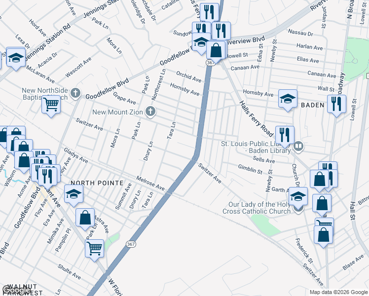 map of restaurants, bars, coffee shops, grocery stores, and more near 1535 Switzer Avenue in St. Louis