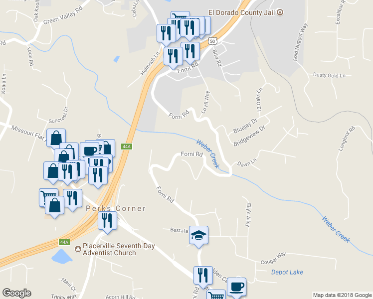 map of restaurants, bars, coffee shops, grocery stores, and more near 3480 Forni Road in Placerville