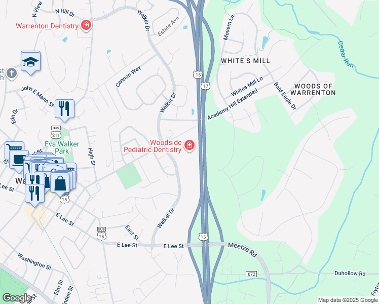 map of restaurants, bars, coffee shops, grocery stores, and more near 331 Walker Drive in Warrenton