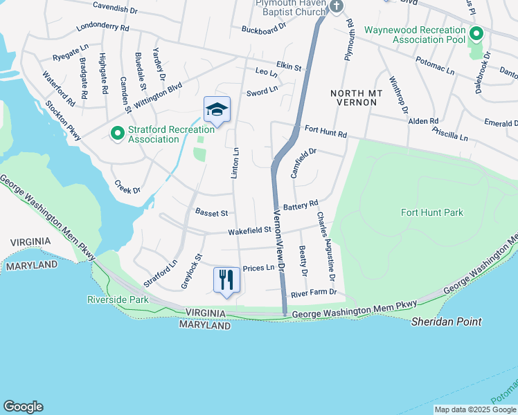 map of restaurants, bars, coffee shops, grocery stores, and more near 8909 Bridgehaven Court in Alexandria