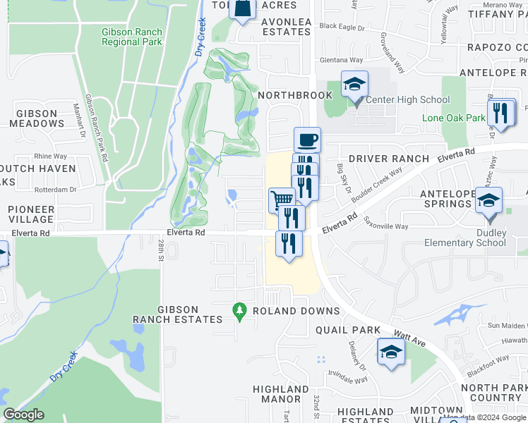 map of restaurants, bars, coffee shops, grocery stores, and more near Aldred Way in Antelope