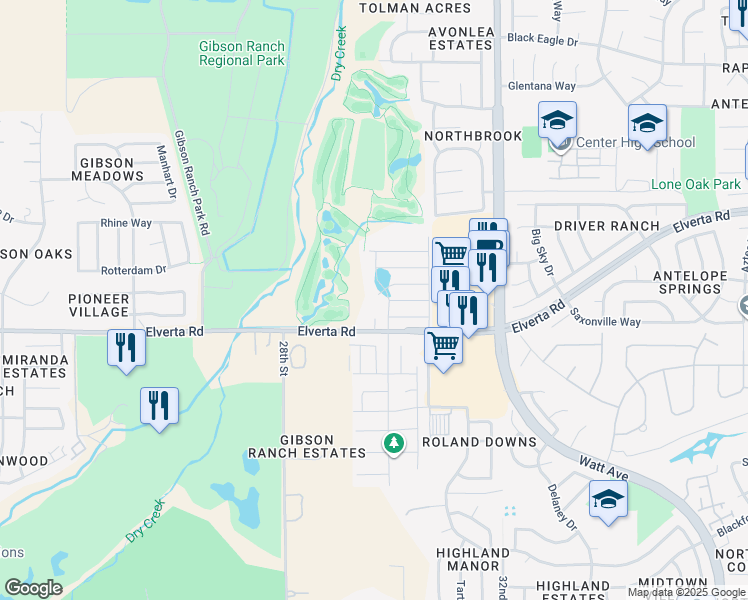 map of restaurants, bars, coffee shops, grocery stores, and more near 2851 Elverta Road in Antelope