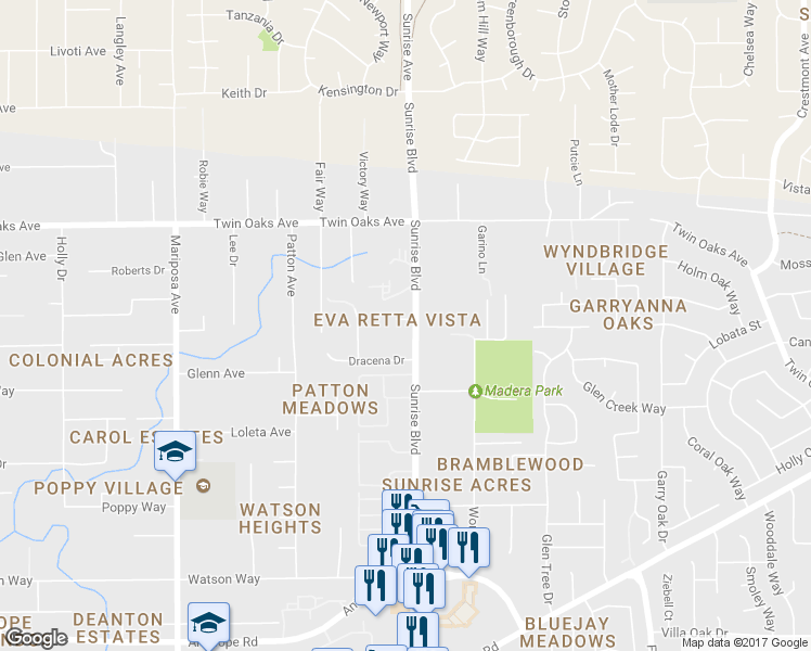 map of restaurants, bars, coffee shops, grocery stores, and more near 8217 Eva Retta Court in Citrus Heights