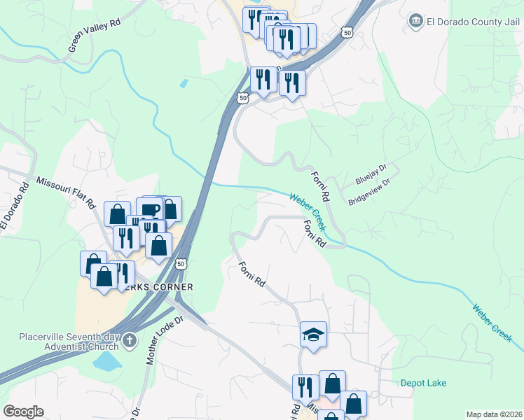 map of restaurants, bars, coffee shops, grocery stores, and more near 3480 Forni Road in Placerville