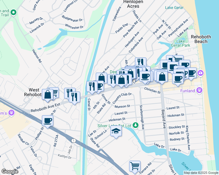 map of restaurants, bars, coffee shops, grocery stores, and more near 414 Rehoboth Avenue in Rehoboth Beach