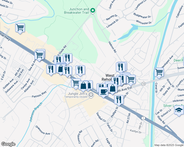 map of restaurants, bars, coffee shops, grocery stores, and more near 37029 Rehoboth Avenue Exd in Rehoboth Beach