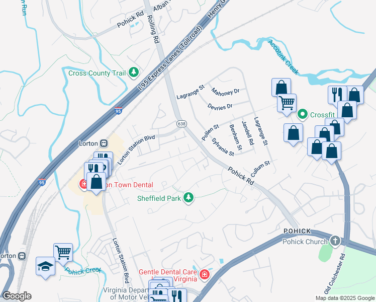map of restaurants, bars, coffee shops, grocery stores, and more near 8938 Penfield Court in Lorton