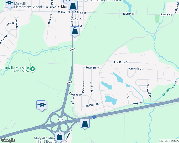 map of restaurants, bars, coffee shops, grocery stores, and more near 319 Louise Drive in Collinsville