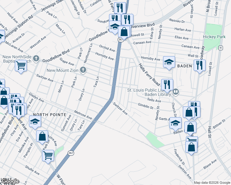 map of restaurants, bars, coffee shops, grocery stores, and more near 8612 Riverview Boulevard in St. Louis