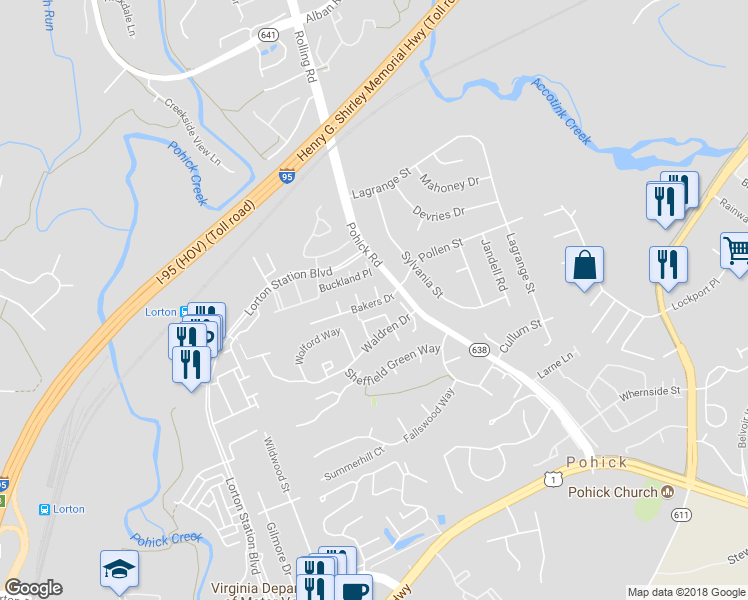 map of restaurants, bars, coffee shops, grocery stores, and more near 8938 Penfield Court in Lorton