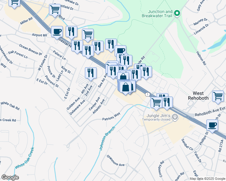 map of restaurants, bars, coffee shops, grocery stores, and more near 19975 Dodd Avenue in Rehoboth Beach