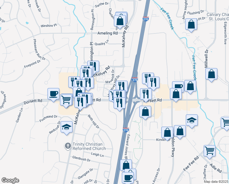 map of restaurants, bars, coffee shops, grocery stores, and more near 12226 Spanish Trace Drive in Maryland Heights