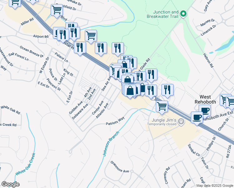 map of restaurants, bars, coffee shops, grocery stores, and more near 19975 Dodd Avenue in Rehoboth Beach