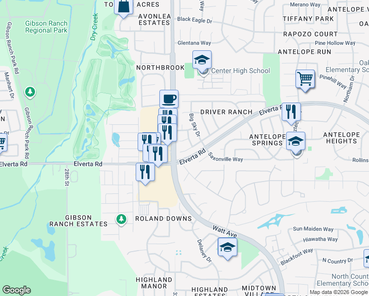 map of restaurants, bars, coffee shops, grocery stores, and more near 3020 Wolfe Court in Antelope