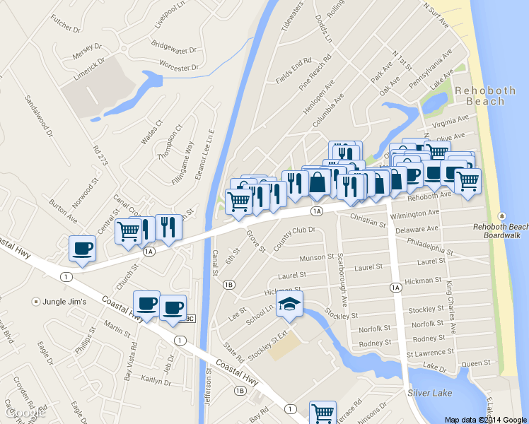 map of restaurants, bars, coffee shops, grocery stores, and more near 409 Rehoboth Avenue in Dewey Beach
