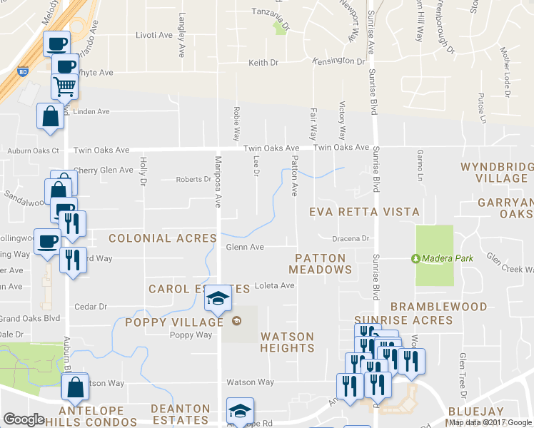 map of restaurants, bars, coffee shops, grocery stores, and more near 8212 Lee Drive in Citrus Heights