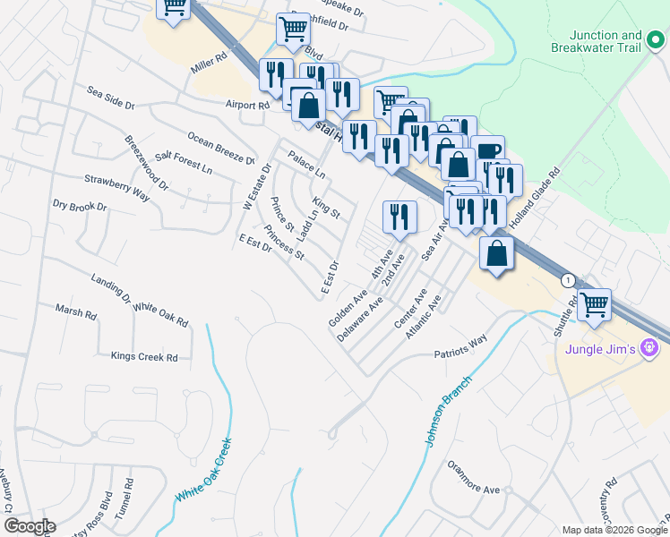 map of restaurants, bars, coffee shops, grocery stores, and more near 36215 Skyview Street in Rehoboth Beach
