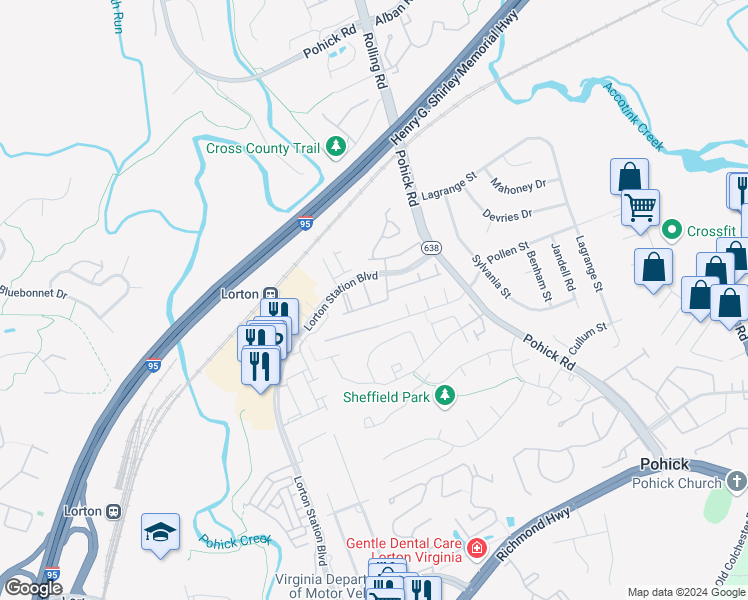 map of restaurants, bars, coffee shops, grocery stores, and more near 8931 Mayhew Court in Lorton