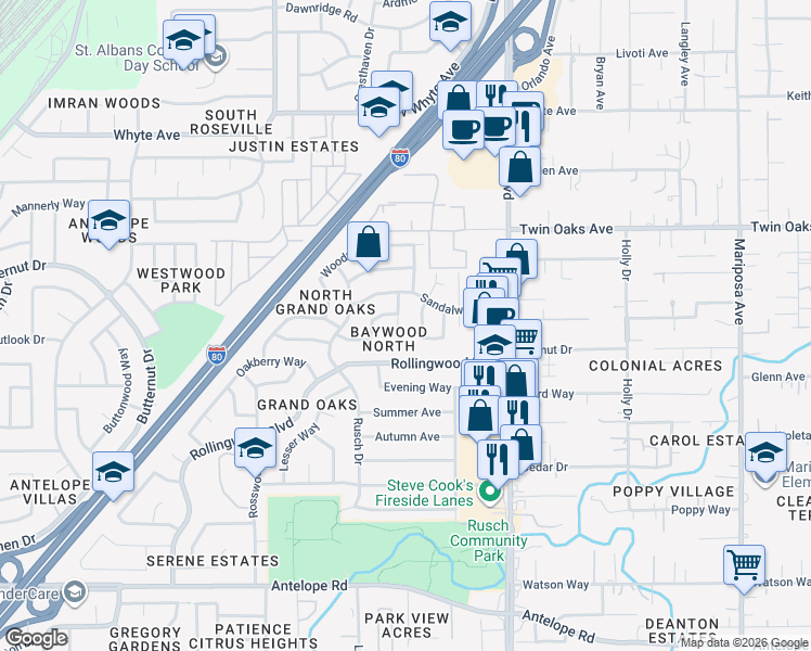 map of restaurants, bars, coffee shops, grocery stores, and more near 8204 Baymore Way in Citrus Heights