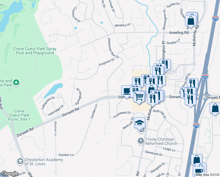 map of restaurants, bars, coffee shops, grocery stores, and more near 12188 Oakwilde Court in Maryland Heights