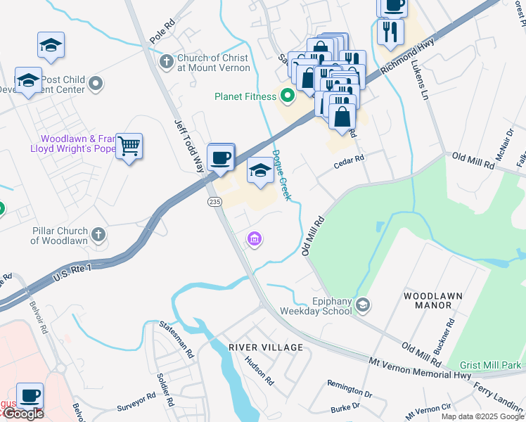 map of restaurants, bars, coffee shops, grocery stores, and more near 5418 Grist Mill Woods Way in Alexandria