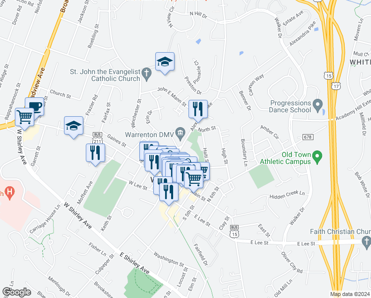 map of restaurants, bars, coffee shops, grocery stores, and more near 85 Alexandria Pike in Warrenton