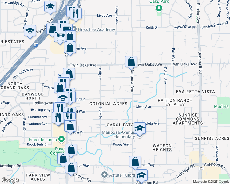 map of restaurants, bars, coffee shops, grocery stores, and more near 7650 Oak Grove Avenue in Citrus Heights