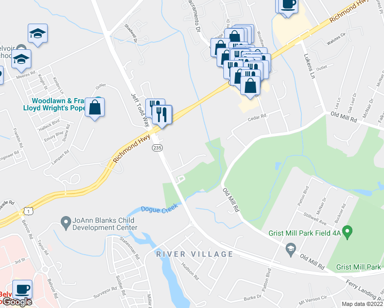 map of restaurants, bars, coffee shops, grocery stores, and more near 5418 Grist Mill Woods Way in Alexandria