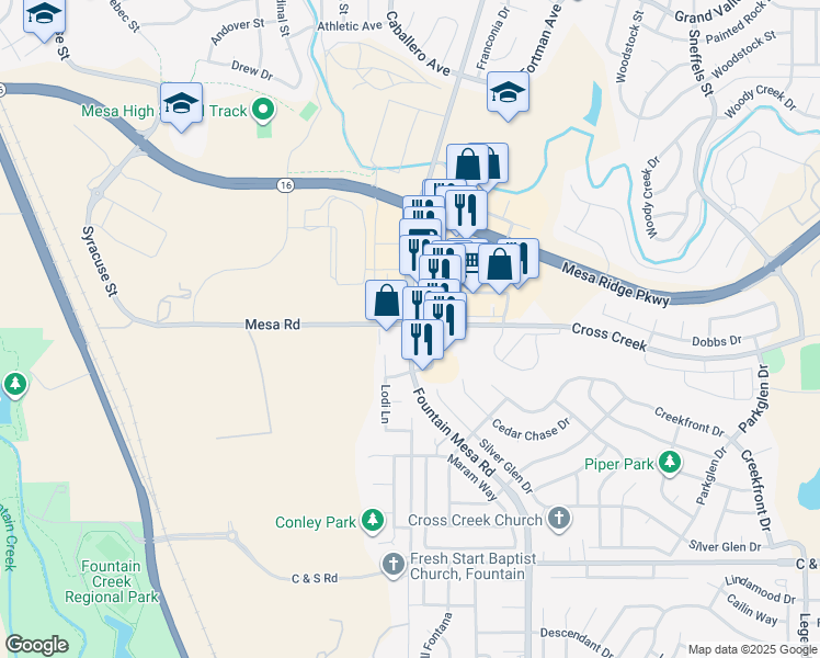 map of restaurants, bars, coffee shops, grocery stores, and more near 8050 Fountain Mesa Road in Fountain
