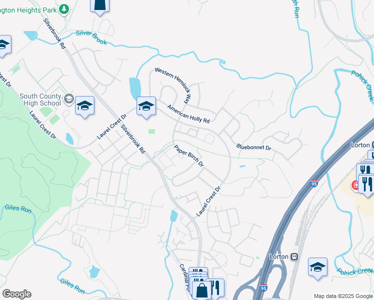 map of restaurants, bars, coffee shops, grocery stores, and more near 8210 Paper Birch Drive in Lorton