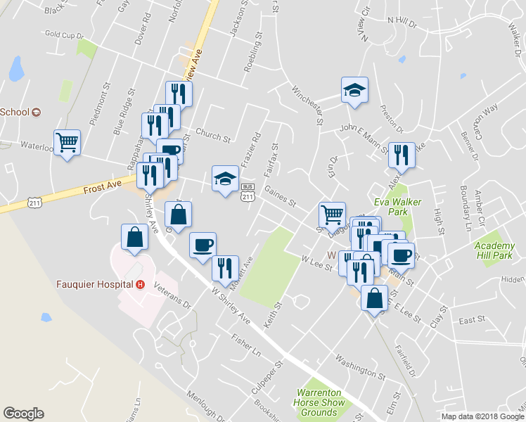 map of restaurants, bars, coffee shops, grocery stores, and more near 185 Beach Street in Warrenton