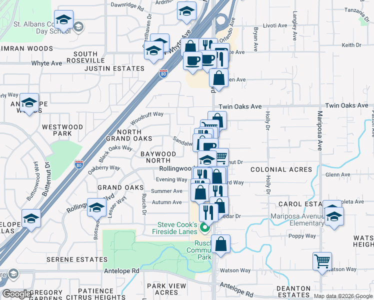 map of restaurants, bars, coffee shops, grocery stores, and more near 8206 Cordelia Circle in Citrus Heights