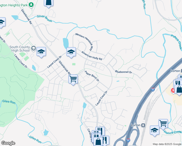 map of restaurants, bars, coffee shops, grocery stores, and more near 8210 Paper Birch Drive in Lorton