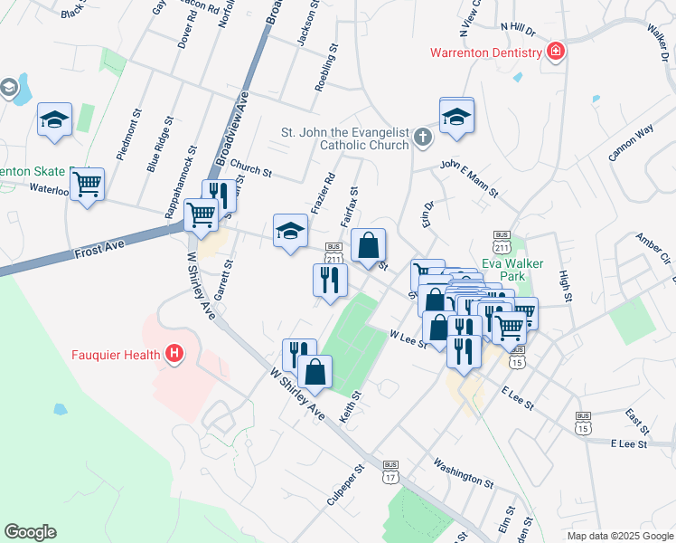 map of restaurants, bars, coffee shops, grocery stores, and more near 185 Beach Street in Warrenton