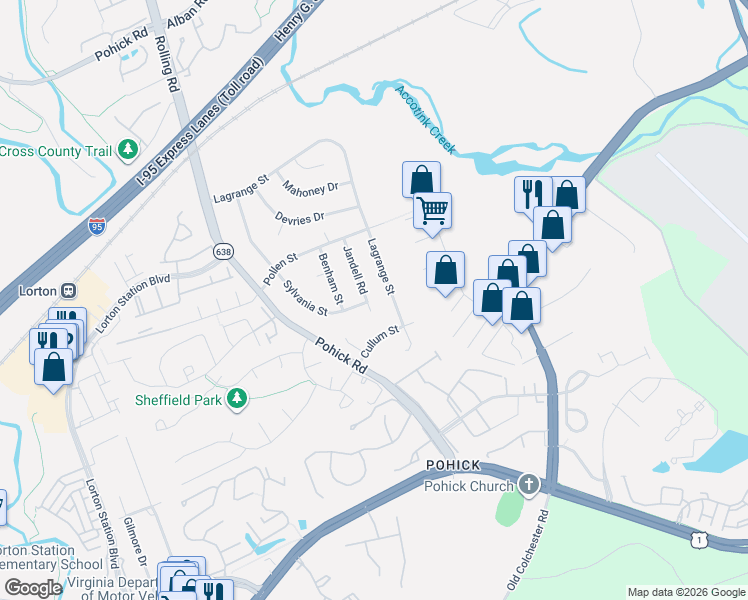 map of restaurants, bars, coffee shops, grocery stores, and more near 8907 Jandell Road in Lorton