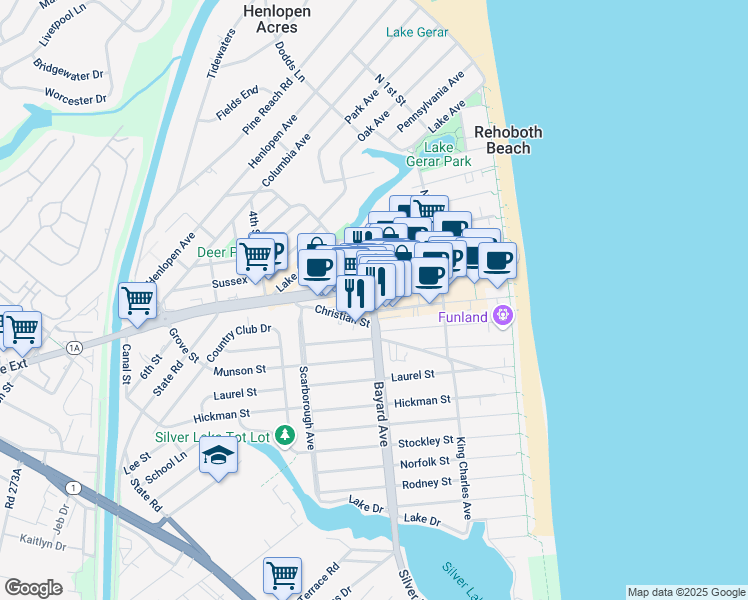 map of restaurants, bars, coffee shops, grocery stores, and more near in Rehoboth Beach