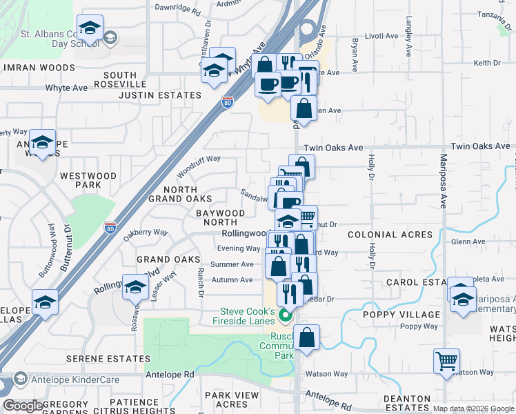map of restaurants, bars, coffee shops, grocery stores, and more near 8206 Cordelia Circle in Citrus Heights