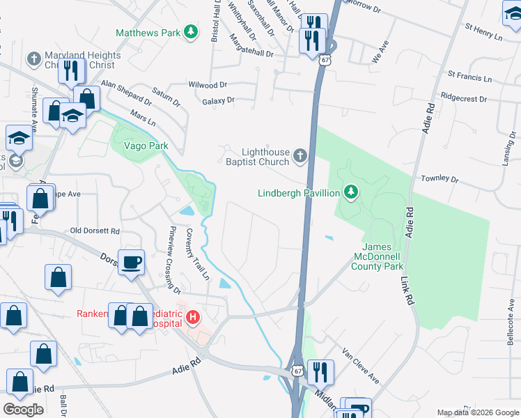 map of restaurants, bars, coffee shops, grocery stores, and more near 38 Grand Circle Drive in Maryland Heights